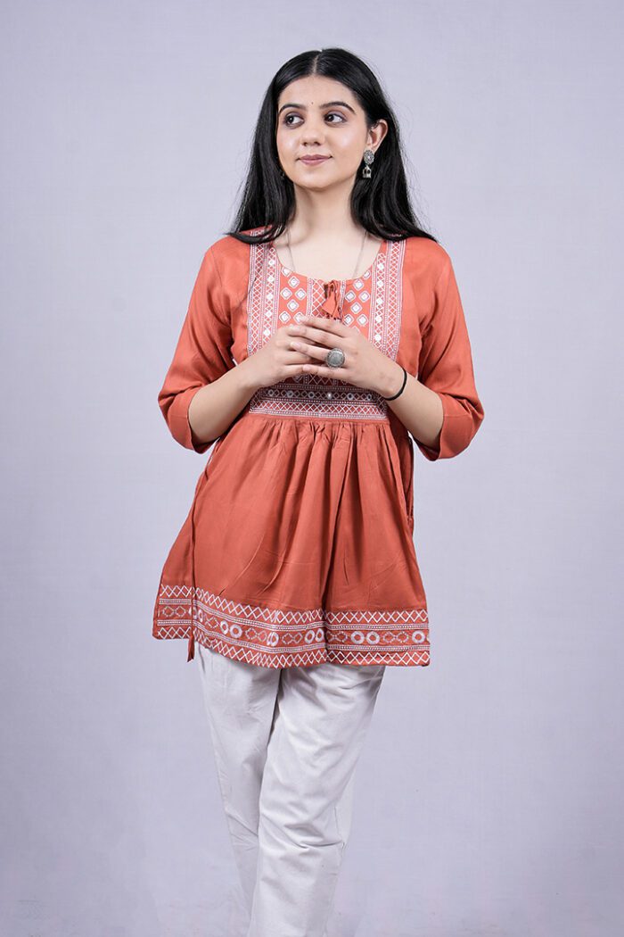 Chikankari Embroidery Short Kurti with Tassels (Dark Peach) - Image 2