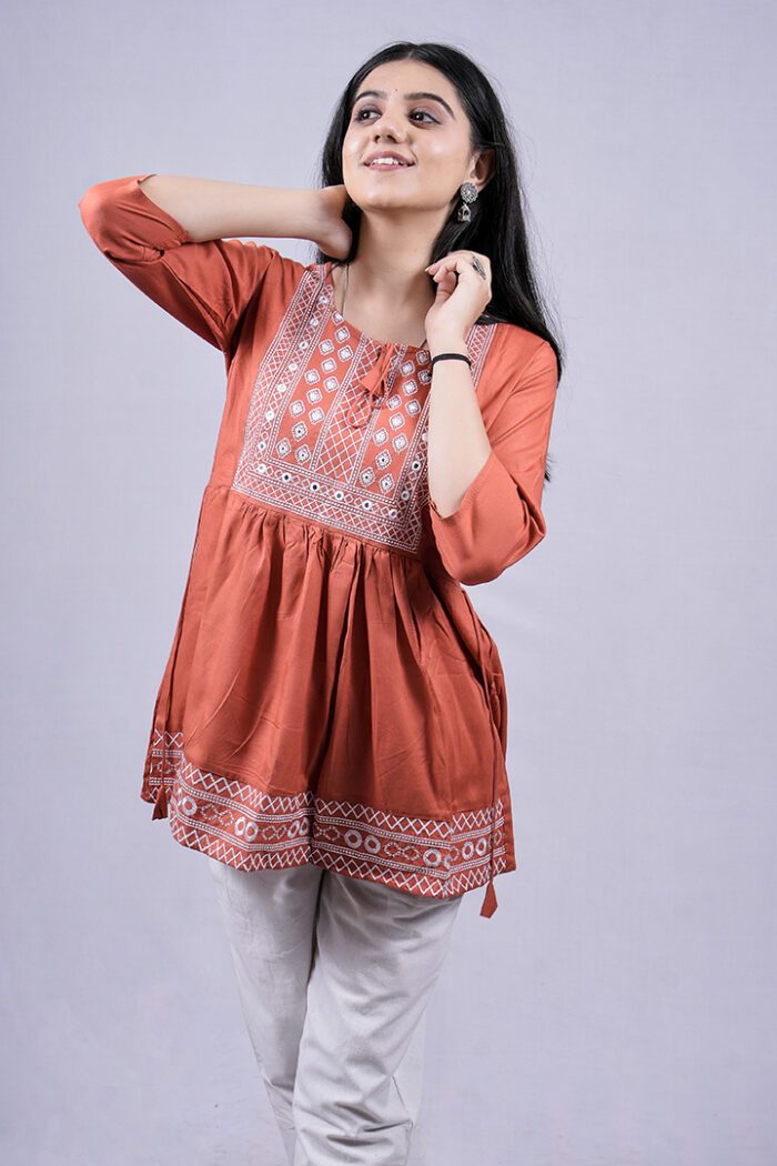 Chikankari Embroidery Short Kurti with Tassels (Dark Peach) - Image 3