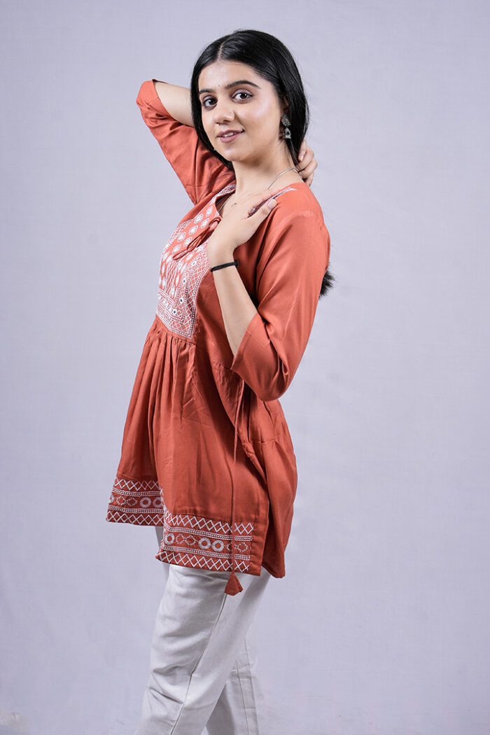 Chikankari Embroidery Short Kurti with Tassels (Dark Peach) - Image 4