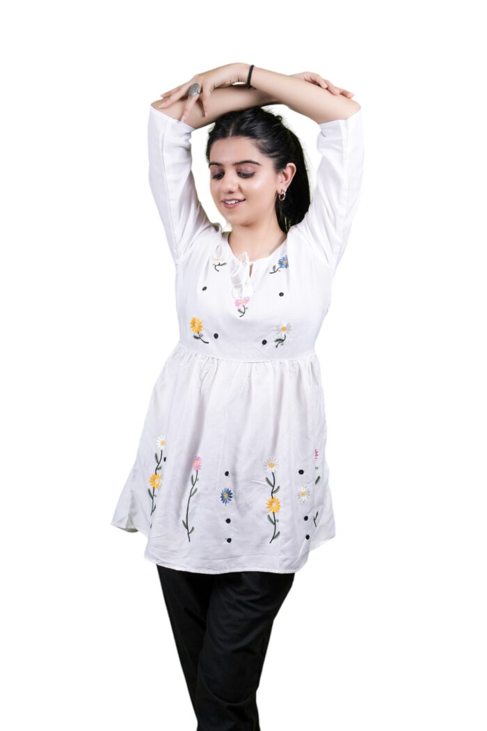 Chikankari Embroidery Short Kurti with Tassels (White) - Image 5