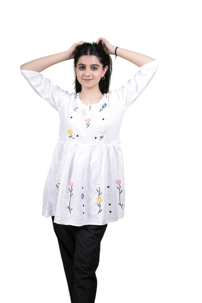 Chikankari Embroidery Short Kurti with Tassels (White) - Image 2