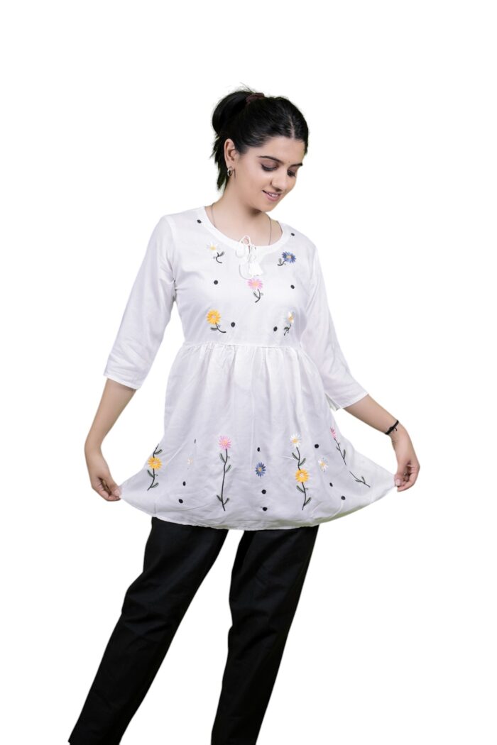 Chikankari Embroidery Short Kurti with Tassels (White) - Image 6