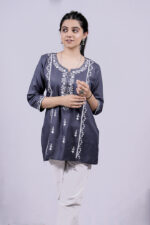 Chikankari Floral Embroidery Short Kurti (Mist Blue)