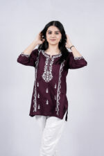 Chikankari Floral Embroidery Short Kurti (Wine)
