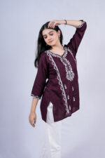 Chikankari Floral Embroidery Short Kurti (Wine)