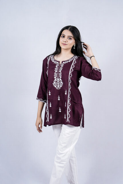 Chikankari Floral Embroidery Short Kurti (Wine)