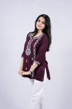 Chikankari Floral Embroidery Short Kurti (Wine)