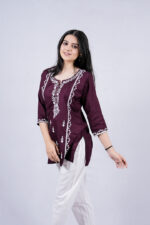 Chikankari Floral Embroidery Short Kurti (Wine)