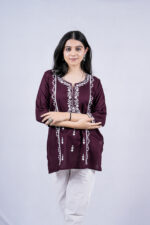 Chikankari Floral Embroidery Short Kurti (Wine)