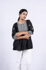 Chikankari Argyle Embroidery Short Kurti (Black)
