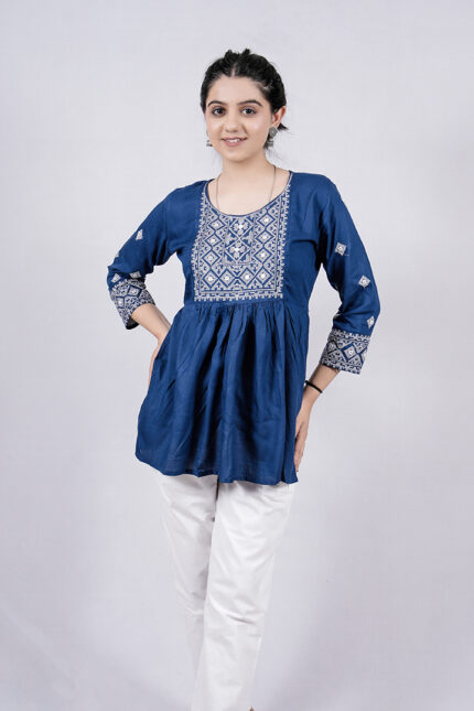 Chikankari Argyle Embroidery Short Kurti (Regal Blue)