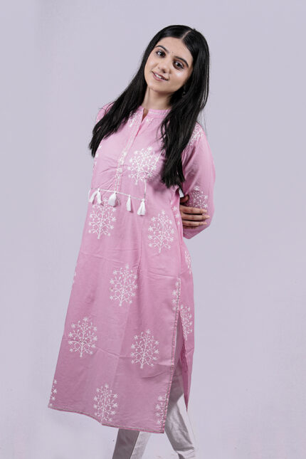 Floral Printed Straight Long Kurti (Pink)