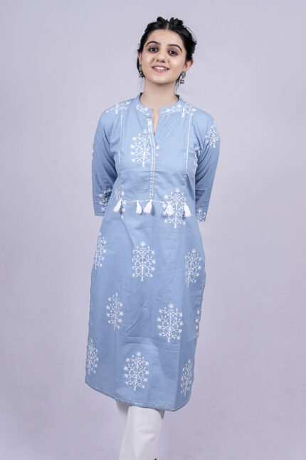 Floral Printed Straight Long Kurti (Sky Blue)