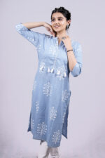 Floral Printed Straight Long Kurti (Sky Blue)