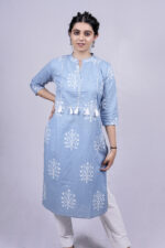Floral Printed Straight Long Kurti (Sky Blue)
