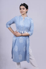 Floral Printed Straight Long Kurti (Sky Blue)
