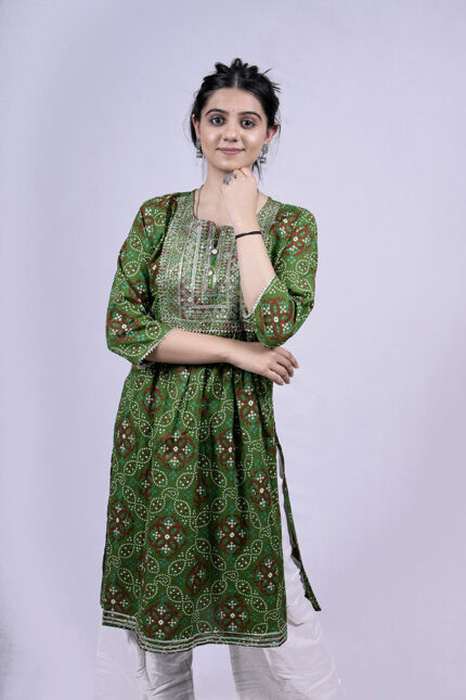 Printed and Embellished Straight Long Kurti with Plazo Pant (Green)