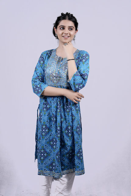 Printed and Embellished Straight Long Kurti with Plazo Pant (Pacific Blue)