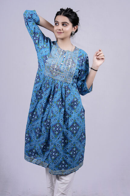 Printed and Embellished Straight Long Kurti with Plazo Pant (Pacific Blue)