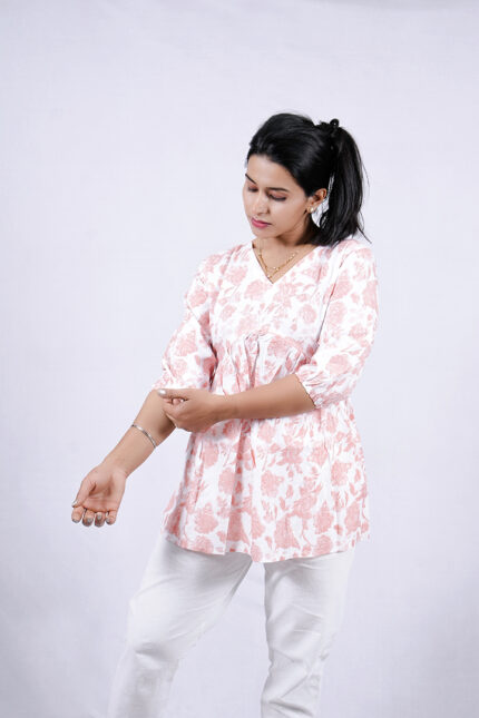 Floral Printed Blend Flared Short Kurti (Sea Pink)