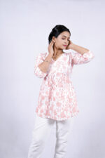 Floral Printed Blend Flared Short Kurti (Sea Pink)
