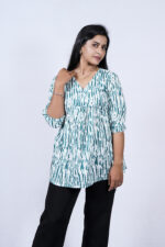 Floral Printed Blend Flared Short Kurti (Beetle Green)