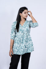 Floral Printed Blend Flared Short Kurti (Beetle Green) - Image 3