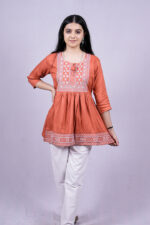 Chikankari Embroidery Short Kurti with Tassels (Dark Peach)