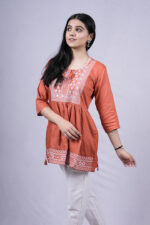 Chikankari Embroidery Short Kurti with Tassels (Dark Peach)