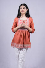 Chikankari Embroidery Short Kurti with Tassels (Dark Peach)