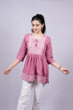 Chikankari Embroidery Short Kurti with Tassels (Flamingo Pink)