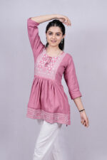 Chikankari Embroidery Short Kurti with Tassels (Flamingo Pink)
