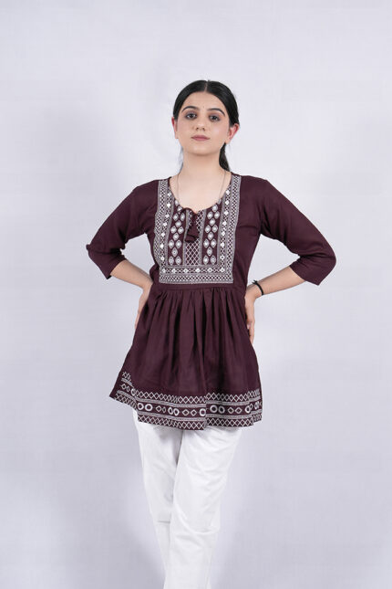 Chikankari Embroidery Short Kurti with Tassels (Wine)