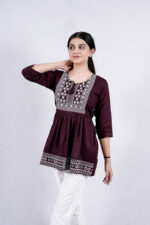 Chikankari Embroidery Short Kurti with Tassels (Wine)