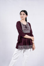 Chikankari Embroidery Short Kurti with Tassels (Wine)