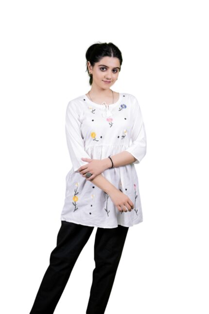 Chikankari Embroidery Short Kurti with Tassels (White)