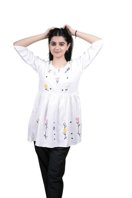 Chikankari Embroidery Short Kurti with Tassels (White)