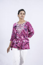Chikankari Embroidery Tie & Dye Short Kurti (Deep Carmine)