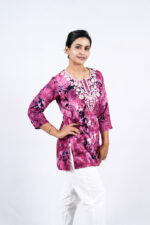 Chikankari Embroidery Tie & Dye Short Kurti (Deep Carmine) - Image 4