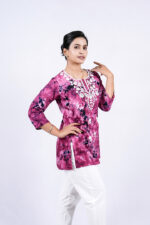 Chikankari Embroidery Tie & Dye Short Kurti (Deep Carmine) - Image 5